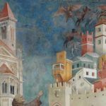 Fresko, das eine lebendige Stadtansicht mit verschiedenen bunten Gebäuden unter einem bewölkten Himmel zeigt.