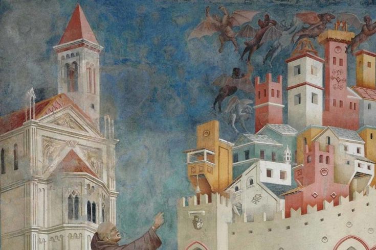 Ein Fresko, das religiöse Figuren zeigt, umrahmt von einem Gebäude, das eine ruhige Atmosphäre schafft.