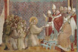 Fresko von Giotto, das ein religiöses Ereignis mit Menschen in traditionellen Kleidern zeigt.