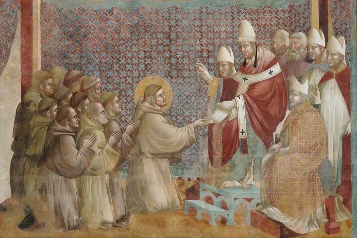 Ein Fresko, das eine religiöse Zeremonie mit Heiligen und Mitgliedern des Klerus darstellt.