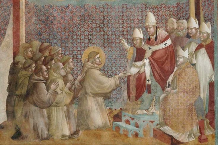 Ein Wandgemälde, das einen Moment der Verehrung zwischen einem Heiligen und religiösen Figuren zeigt.