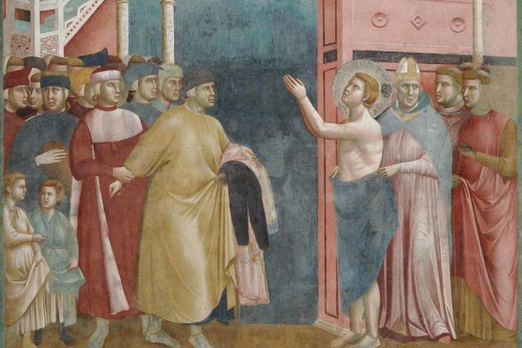 Eine mittelalterliche Szene mit verschiedenen historischen Figuren in Kleidung, die einen zentralen Charakter ansehen.