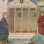 Ein Gemälde von Giotto, das eine religiöse Szene mit verschiedenen Figuren in einem schlichten Kontext darstellt.