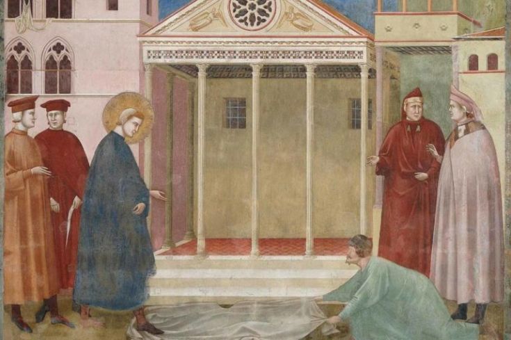 Ein mittelalterliches Gemälde, das eine religiöse Szene mit gut definierten Figuren und Details darstellt.