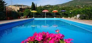 Ein klarer Pool in einer ruhigen Umgebung, umgeben von bunten Blumen und Sonnenschirmen.