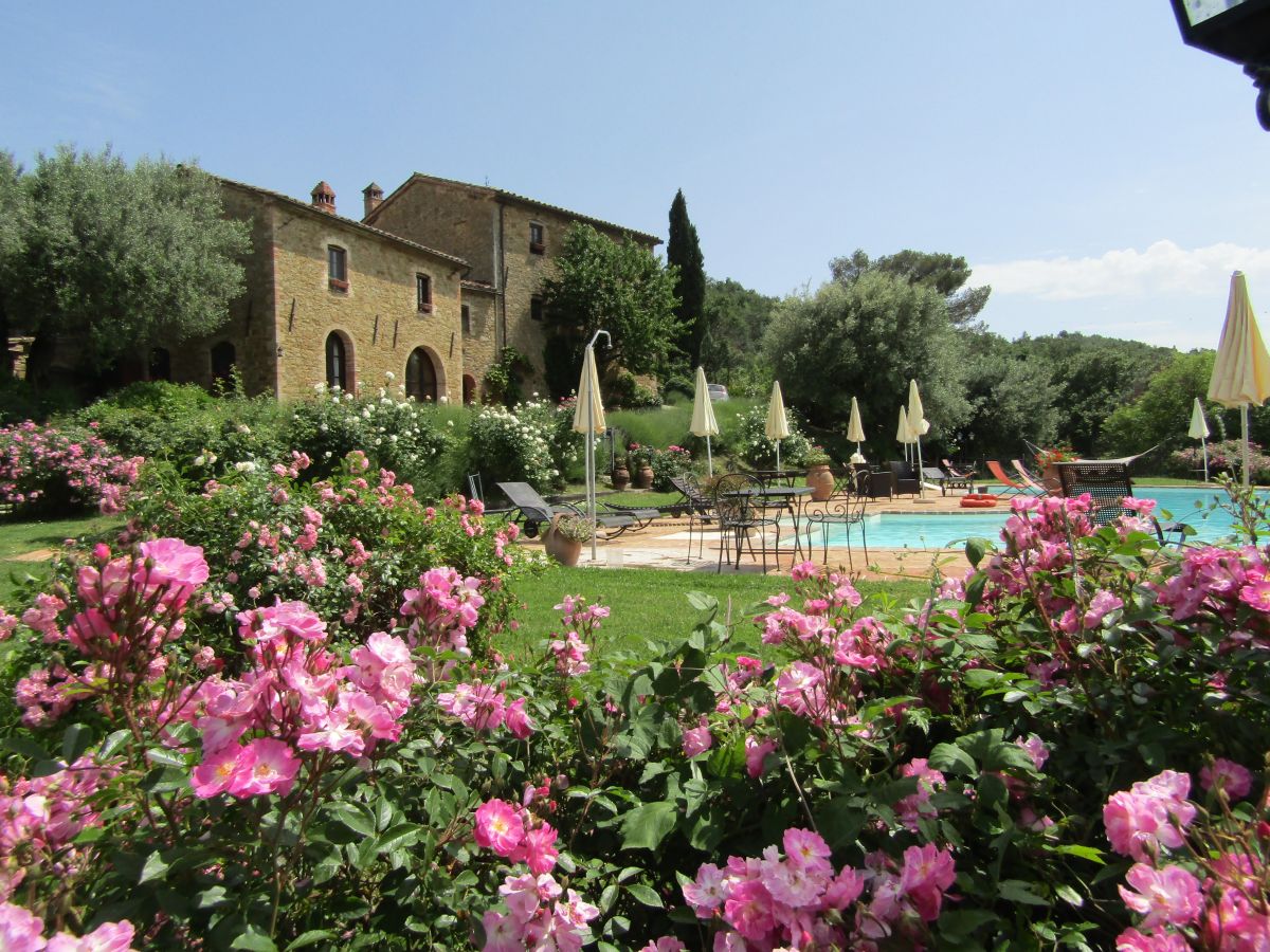 A serene garden with colorful flowers and a pool, perfect for outdoor relaxation.