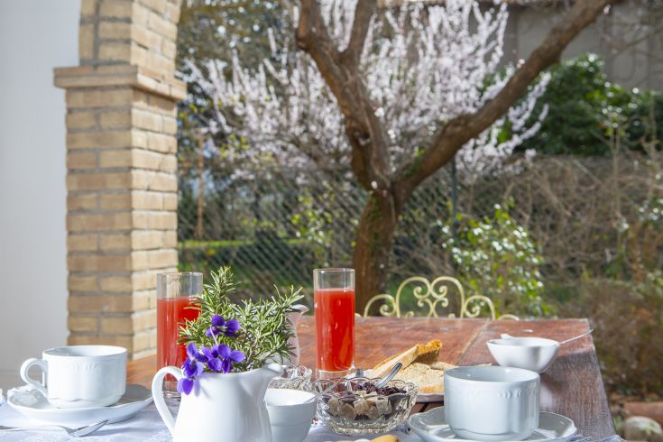 Colazione all'aperto in un tranquillo giardino, circondato da alberi in fiore e un'atmosfera rilassata.