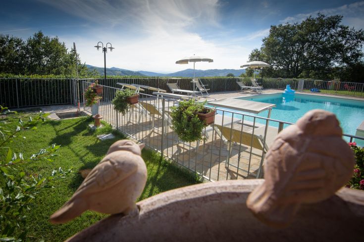 Ein Bauernhof mit einem Pool, umgeben von großzügigen Grünflächen, ideal für Entspannung und Freizeit.