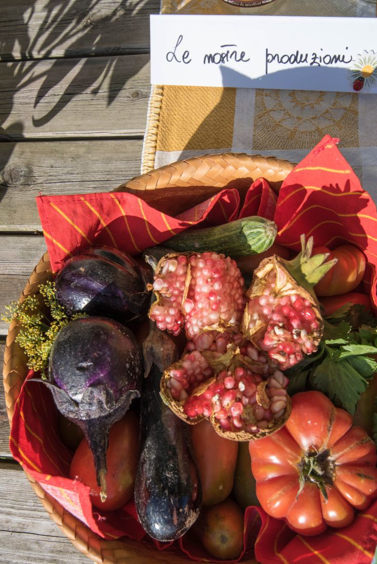 Ein Korb mit frischem Gemüse, darunter Auberginen, Tomaten und Granatäpfel, die regionale Produkte zeigen.