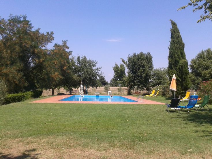 A large green lawn with a swimming pool and sunbeds, surrounded by trees and greenery.