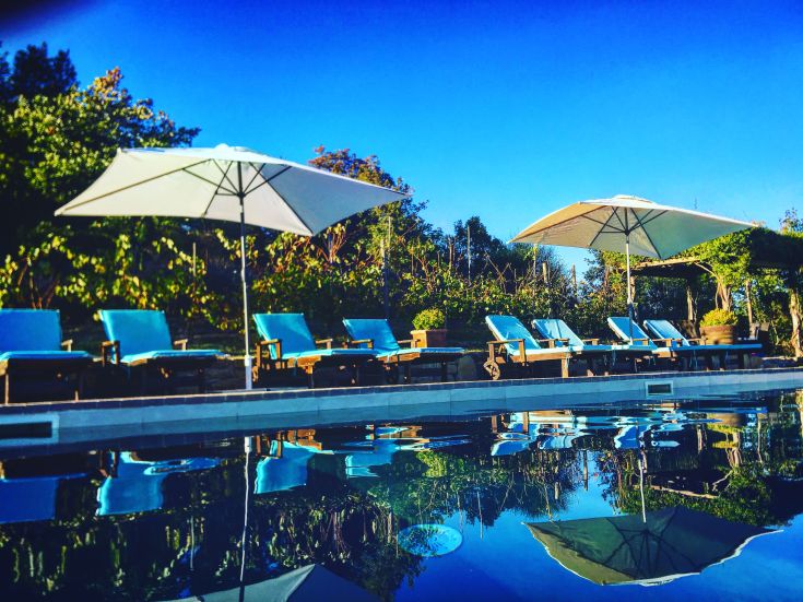 A serene pool surrounded by loungers and umbrellas, set in a typical natural context of Umbria.