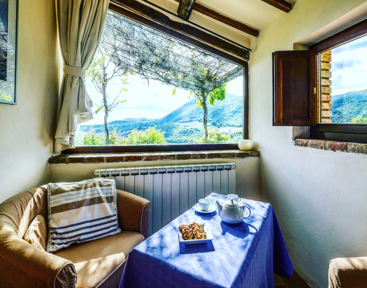 A cozy room with a mountain view, furnished with a table set for tea time.