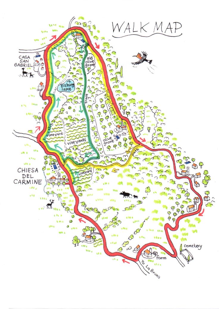 Detailed map showing a walking route in Umbria, highlighting landmarks and areas of interest.