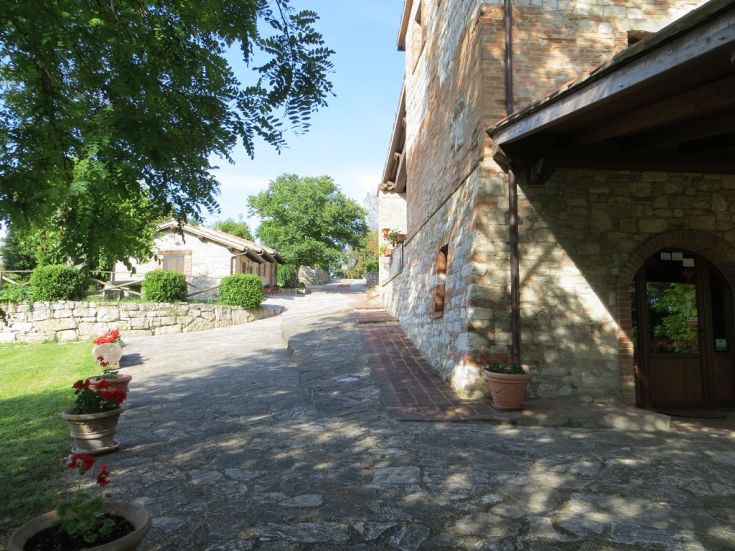 A stone path in a farm stay surrounded by nature, featuring masonry buildings and colorful flowers.