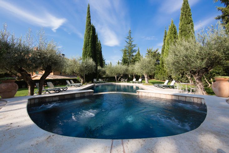 Scena della piscina all'aperto circondata da ulivi, dotata di una zona idromassaggio e inserita in un contesto naturale.