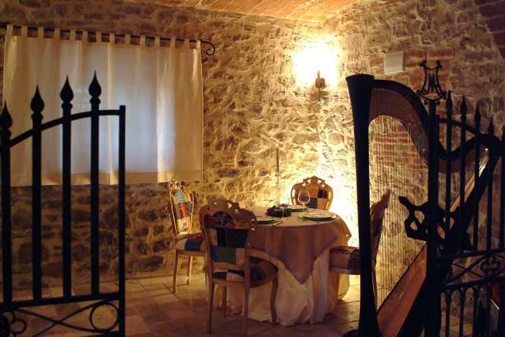 Un'area dedicata alla cena, con tavolo e sedie sobrie, decorata con un'arpa che attira l'attenzione.