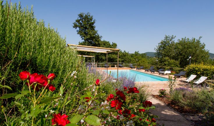 A peaceful place surrounded by nature, featuring a pool and flowers. Perfect for relaxing moments in the countryside.