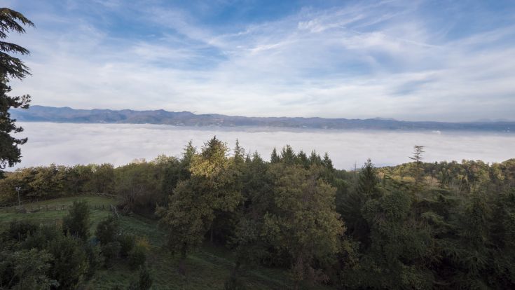 Ein Panorama, das die sanften Hügel Umbriens unter einem bewölkten Himmel zeigt.
