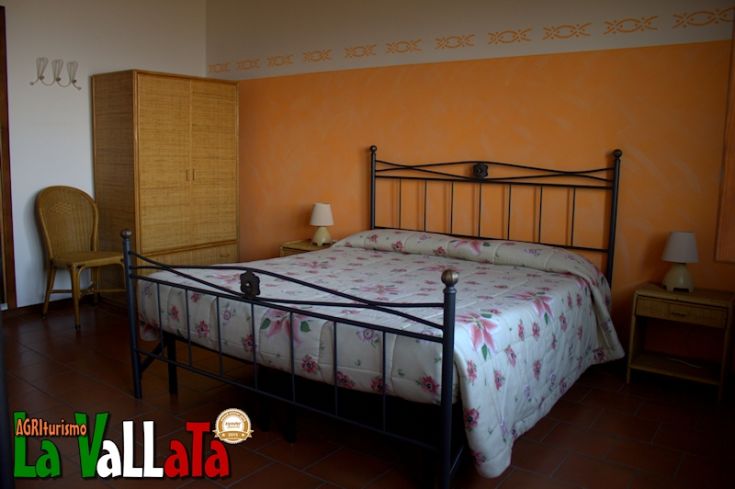 Camera confortevole dotata di letto matrimoniale e mobili essenziali, inserita in un ambiente naturale.