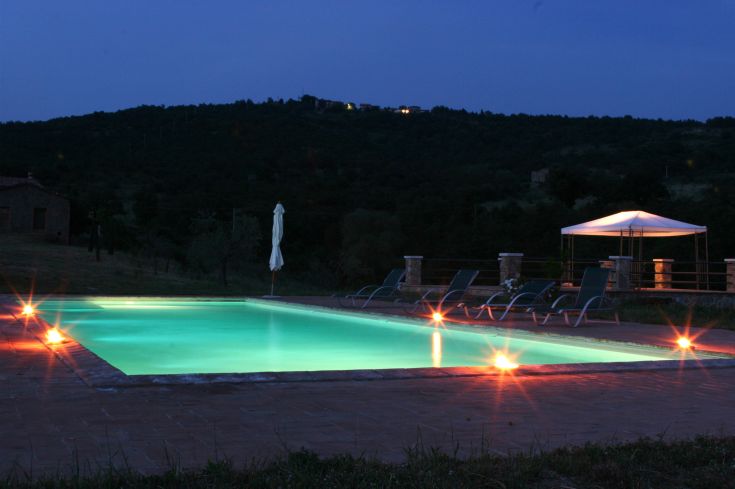 Ein Pool, umgeben von üppigem Grün, ideal zum Entspannen auch am Abend.