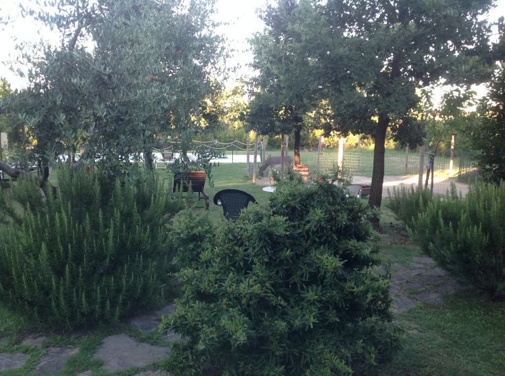 Un grande giardino verde con alberi e aree relax, ideale per momenti di tranquillità.