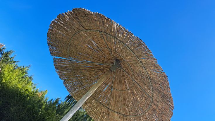Un ampio ombrellone di paglia si erge nel contesto di un'area aperta, offrendo ombra e relax.