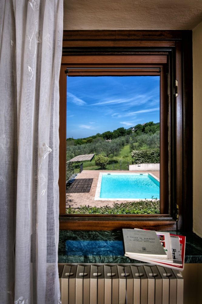 Scena di una piscina blu circondata da un giardino verde e un cielo sereno.