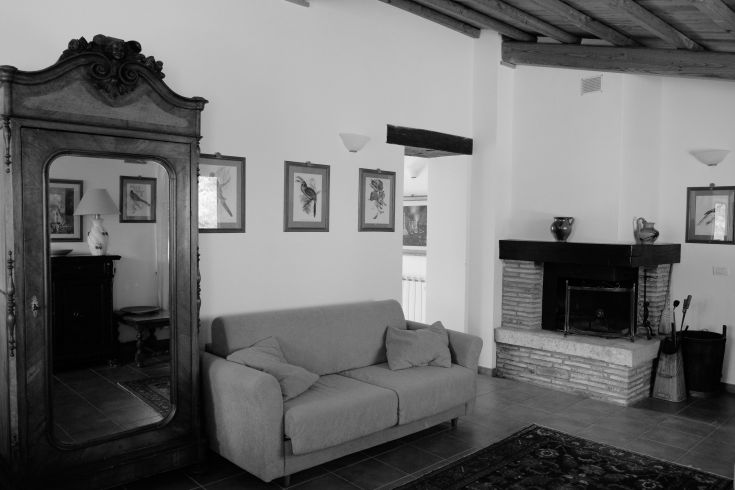 Cozy living room interior with a large mirror and a fireplace, furnished simply.