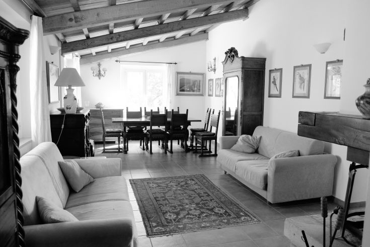 Spacious living room with exposed wooden beams and vintage furnishings, perfect for quiet moments.