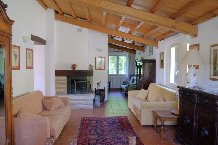 Cozy living room interior with exposed beams and simple furniture. Bright and welcoming space for relaxation.