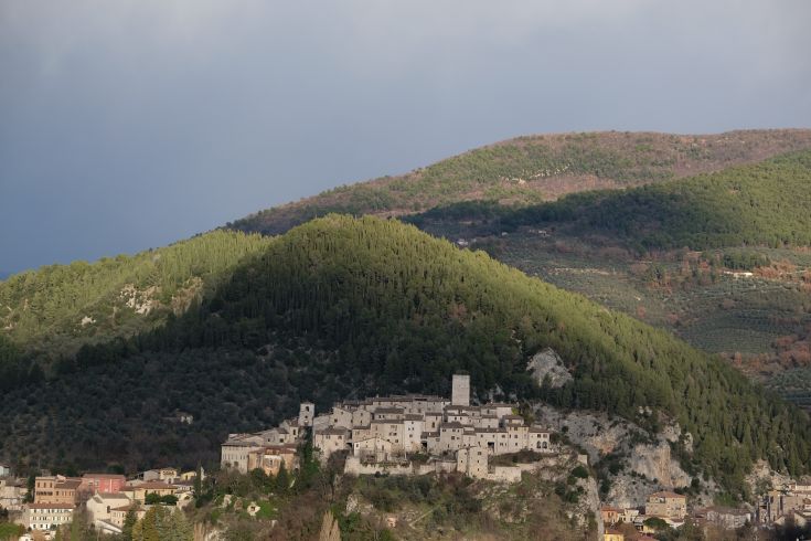 A restored stone farmhouse surrounded by olive trees and woods, featuring a pool and a view of Valnerina.
