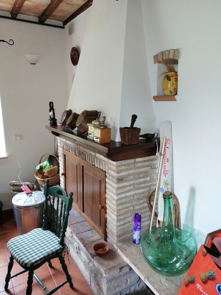 A cozy corner featuring a fireplace, rustic decorative elements, and wooden details.