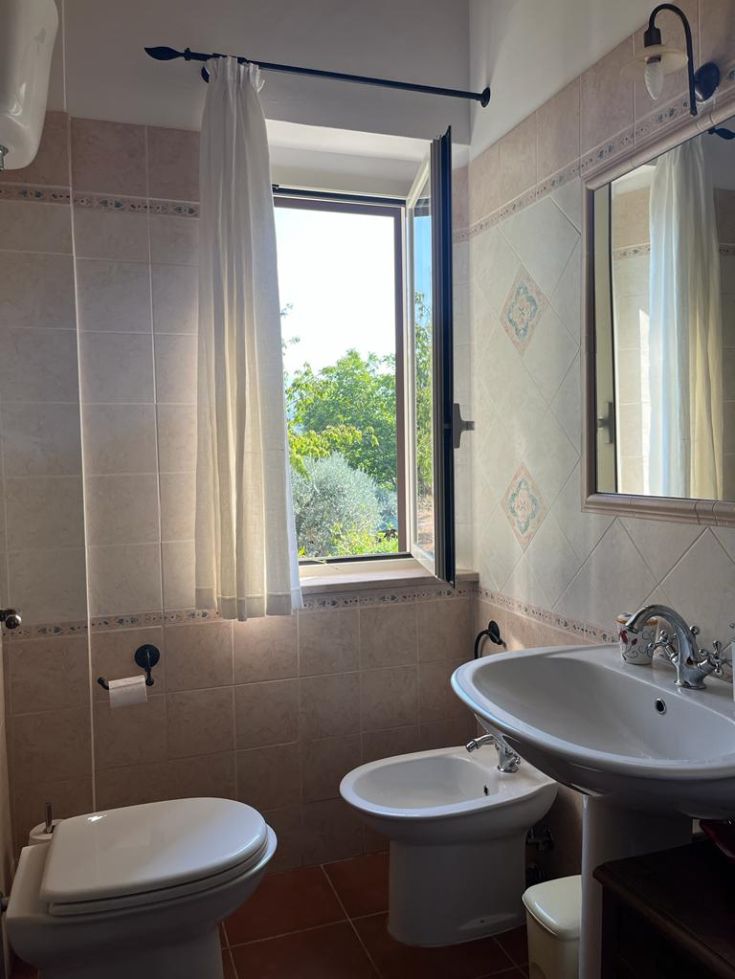 A modern bathroom with natural light, featuring contemporary fixtures and a window that provides good illumination.