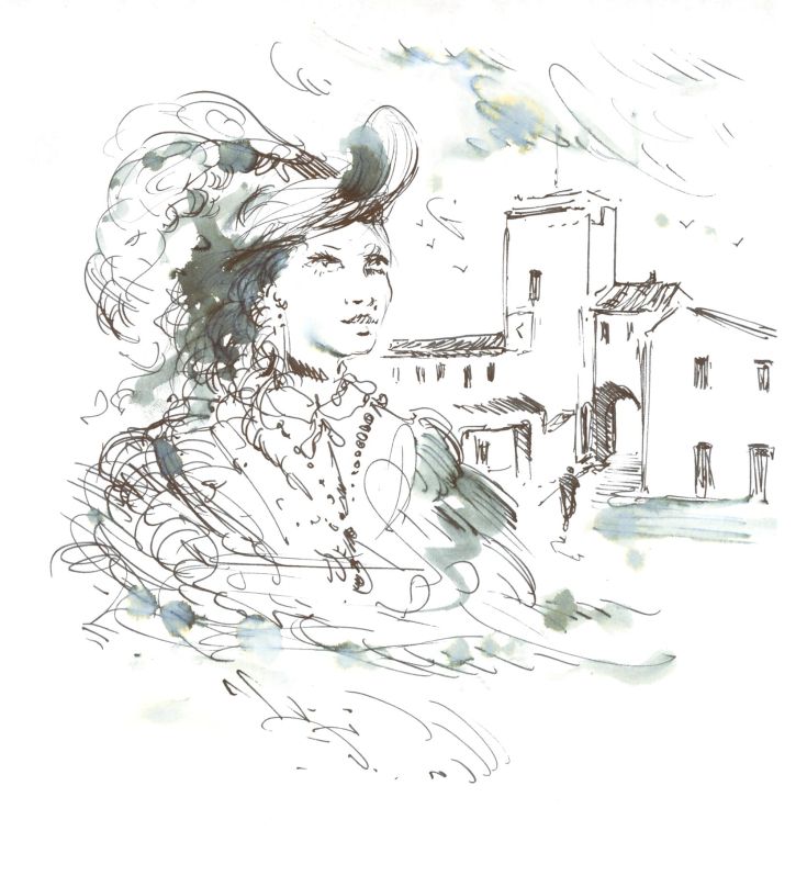 Eine weibliche Figur vor einem historischen Gebäude, das eine mittelalterliche Atmosphäre schafft.