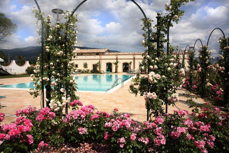 Un panorama di Villa Zuccari, immersa in un giardino con rose e dotata di piscina a sfioro.