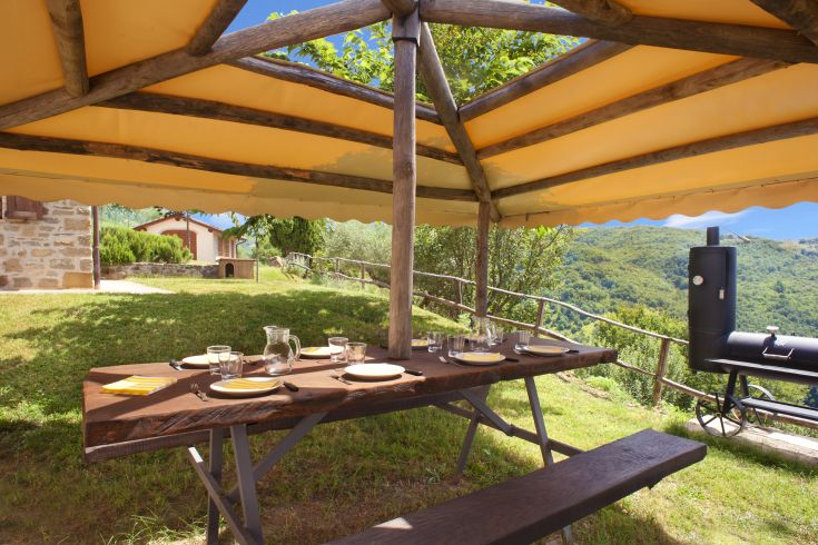 Une simple table en plein air sous un gazebo, entourée d'arbres et de verdure.