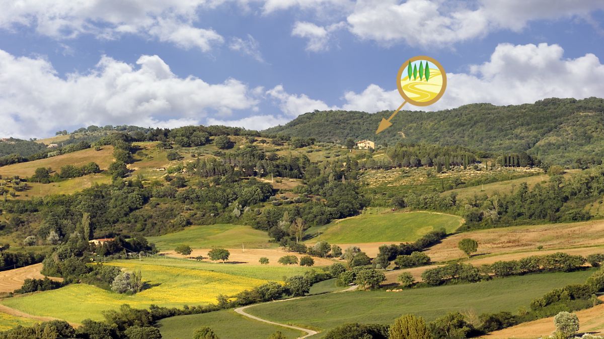 Ein Panoramablick auf grüne Hügel mit typischen Häusern, eingebettet in einer ruhigen Naturlandschaft.