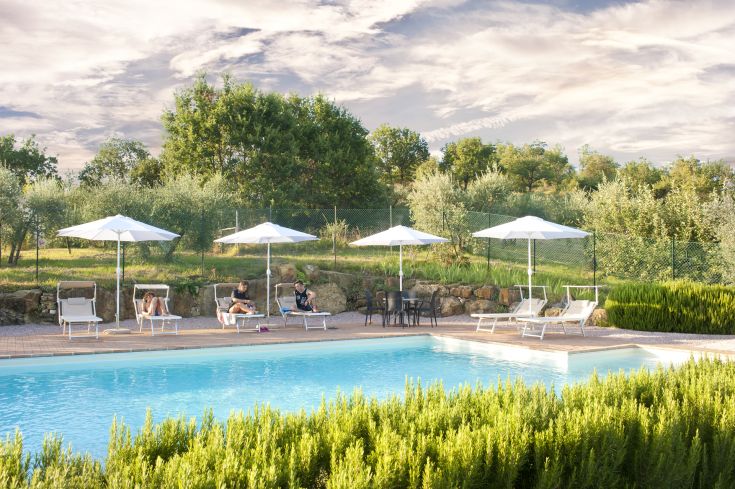 Zone de loisirs avec piscine, transats et parasols entourés de verdure.