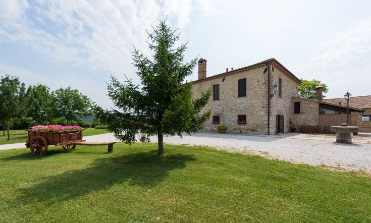 A simple farmhouse surrounded by a green landscape, featuring a tree and a wheelbarrow with flowers.