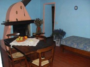 Accogliente sala con tavolo e camino, arredi semplici e tonalità blu. Atmosfera tranquilla e confortevole.