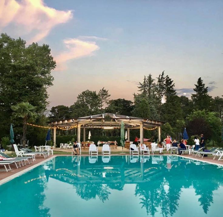 A moment of tranquility by the pool surrounded by greenery, in an inviting setting for relaxation.