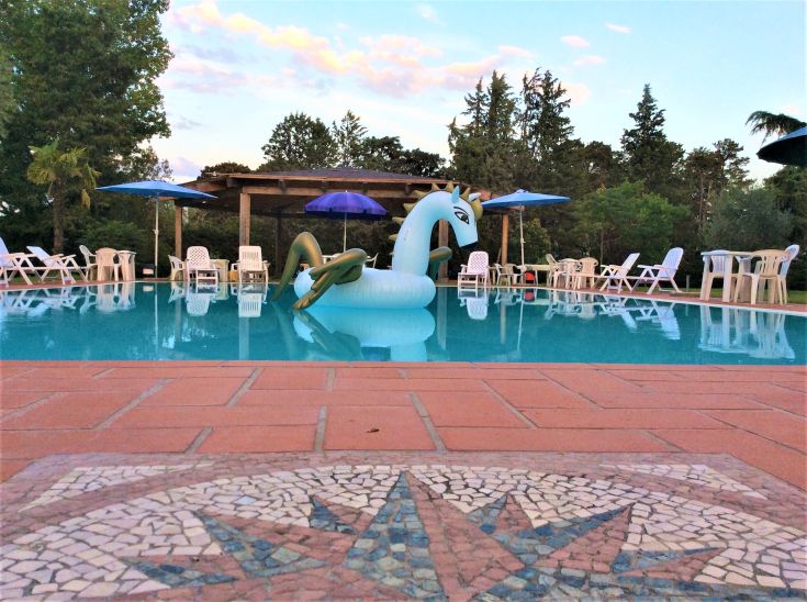 A pool with a dragon-shaped inflatable, surrounded by sun loungers and umbrellas for relaxation.