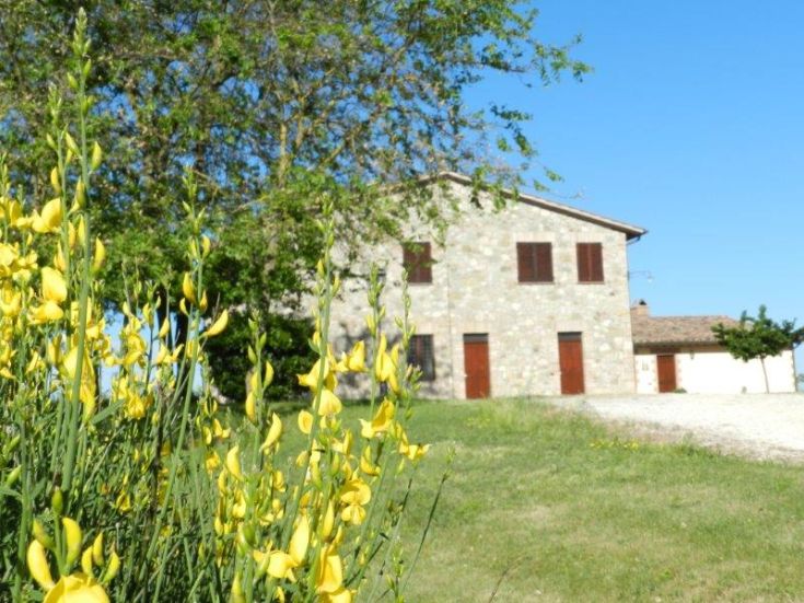 Bauernhaus umgeben von Grün, mit Unterkünften, einem Schwimmbad und lokalen Produkten.