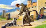 Un disegno a colori ritrae San Francesco che dialoga con un lupo alle porte di una città medievale.