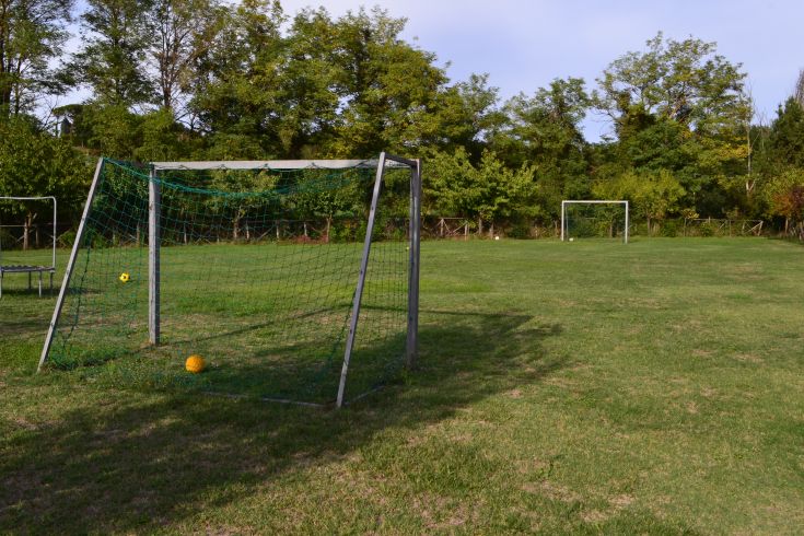 Ein Fußballfeld, umgeben von Grün, ideal für Spiele im Freien in einer ruhigen Umgebung.