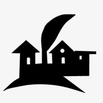 A logo depicting a group of buildings in a natural setting, featuring a green leaf element.