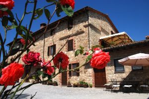 An ancient stone palace with red roses in the garden, under a clear sky.