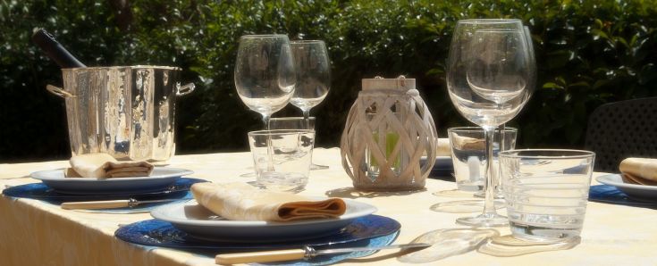 Un tavolo sistemato per un pranzo all'aperto, decorato in modo semplice e immerso nel verde.