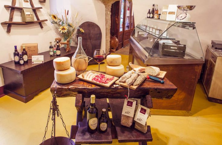 A charming gourmet corner in a small shop, featuring local cheeses, cured meats, and wines, ideal for savoring local traditions.
