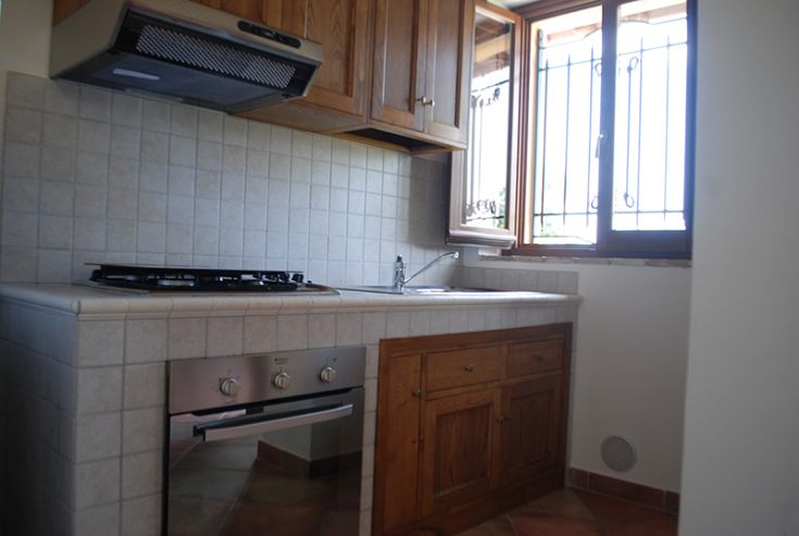 Cuisine en bois avec de grandes fenêtres offrant une lumière naturelle. Espace fonctionnel pour cuisiner et socialiser.